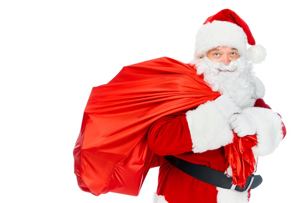 Mikulás-on christmastime elszigetelt fehér piros hordtáska - Fotó, kép