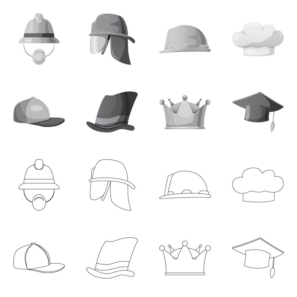 Objeto aislado de casco e icono de la tapa. Conjunto de sombreros y accesorios stock vector ilustración
. - Vector, Imagen