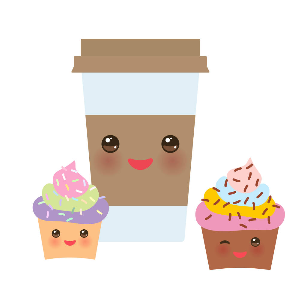 Take-out coffee in Paper thermo coffee cup with brown cap and cup holder, chocolate cupcake. Kawaii cute face with eyes and smile  Isolated on white background. Vector illustration - Vector, Image