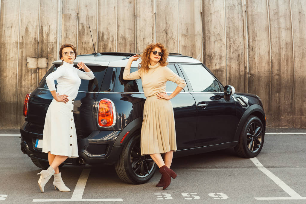 modelli femminili alla moda adulti in colli di tartaruga e gonne posa vicino auto in strada
 - Foto, immagini