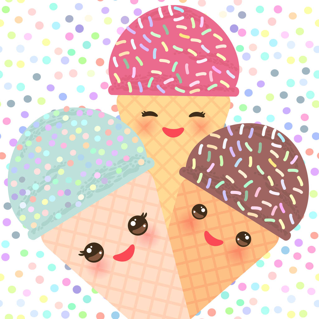 Kortti suunnittelu kolme Kawaii minttu vadelma suklaa jäätelö vohveli kartio hauska kuono vaaleanpunainen posket ja silmää, pastellivärit polka piste tausta. Vektoriesimerkki
 - Vektori, kuva