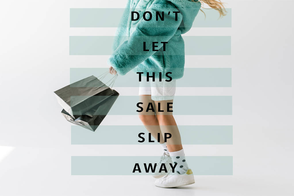 cropped view of girl in turquoise fur coat holding black shopping bags on white, dont let this sale slip away inscription - Photo, Image