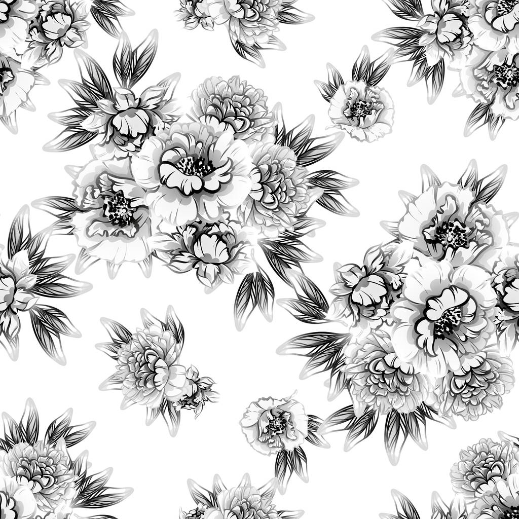 Modello di fiore in stile vintage senza cuciture. Elementi floreali in bianco e nero
. - Vettoriali, immagini