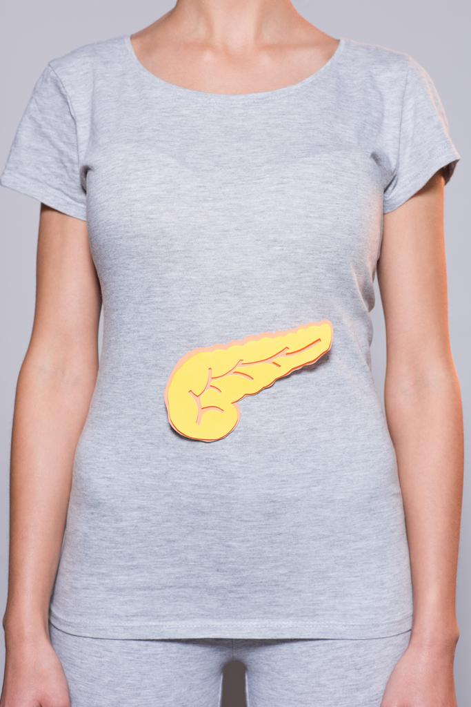 Teilansicht einer Frau mit Bauchspeicheldrüse aus Papier auf T-Shirt vor grauem Hintergrund - Foto, Bild