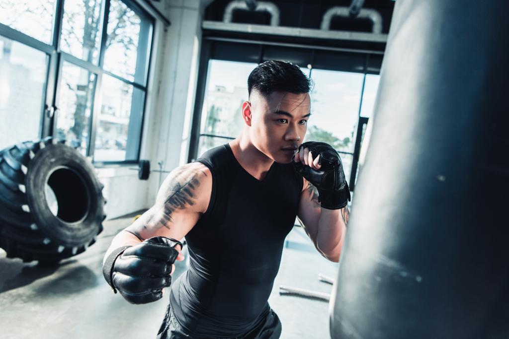 jovem desportista vestindo luvas de boxe e saco de boxe de perfuração no ginásio
 - Foto, Imagem