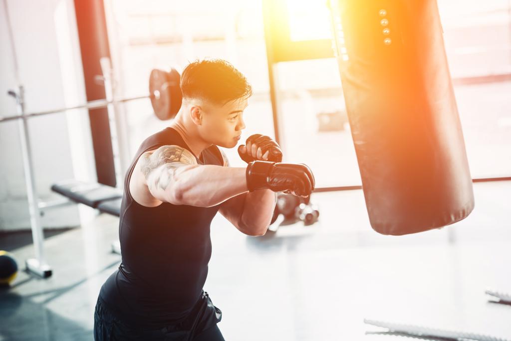 concentrated sportsman wearing boxing gloves and punching boxing bagat gym in sunlight - Photo, Image