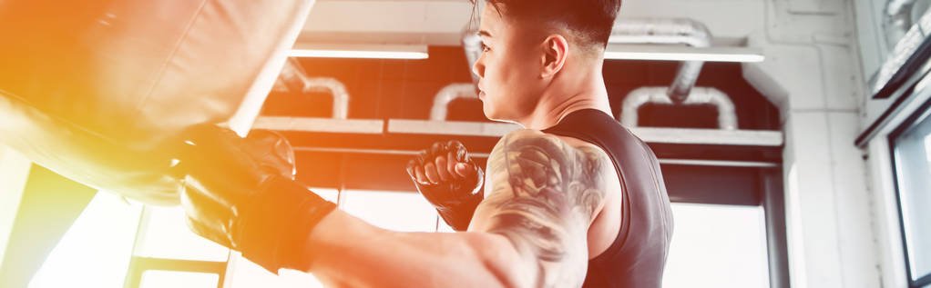 fiatal sportoló, boksz-kesztyűket visel és lyukasztó boksz zsák edzőteremben napfény - Fotó, kép