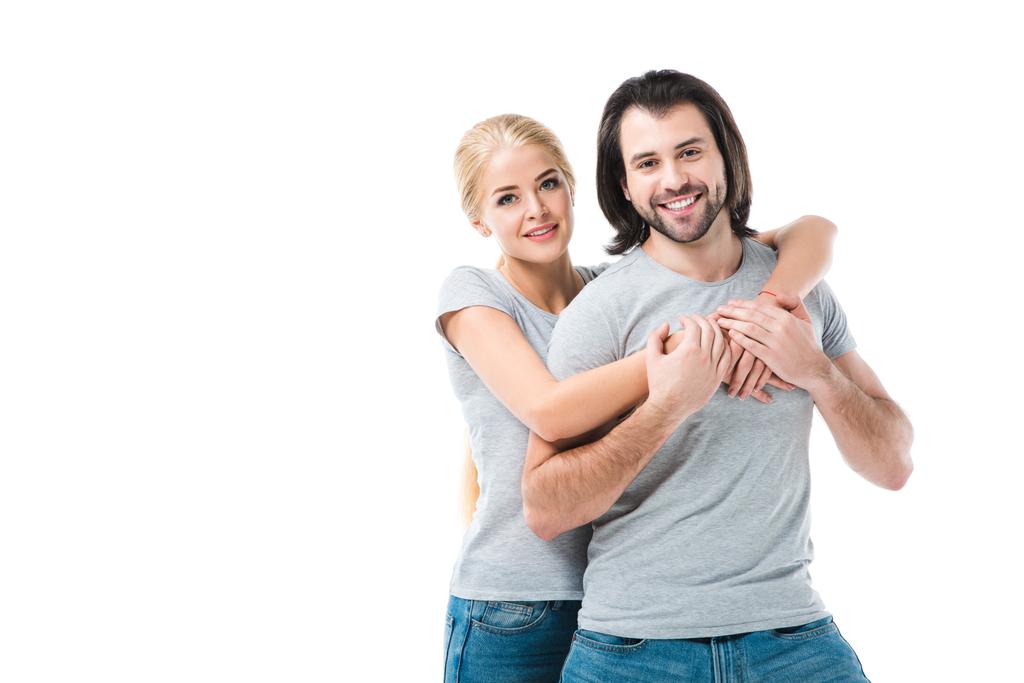 Потрясающая взрослая пара обнимается и улыбается изолированно на белом
 - Фото, изображение
