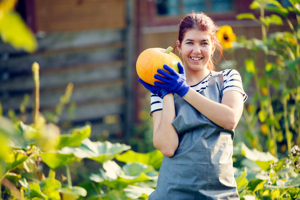 Image de jeune femme avec citrouille dans les mains au jardin
 - Photo, image