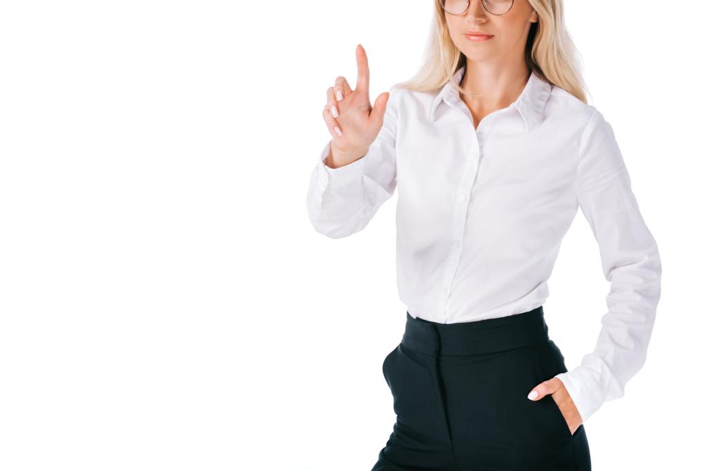 vue partielle de femme d'affaires en tenue formelle geste isolé sur blanc
 - Photo, image