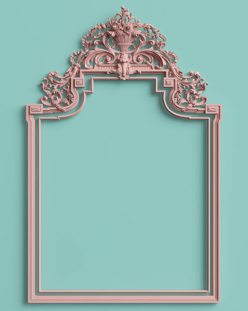 パステル ミント青背景にパステル調のピンク色で飾りの装飾が施されたクラシックなフレーム。デジタル イラストです。3 d レンダリング - 写真・画像