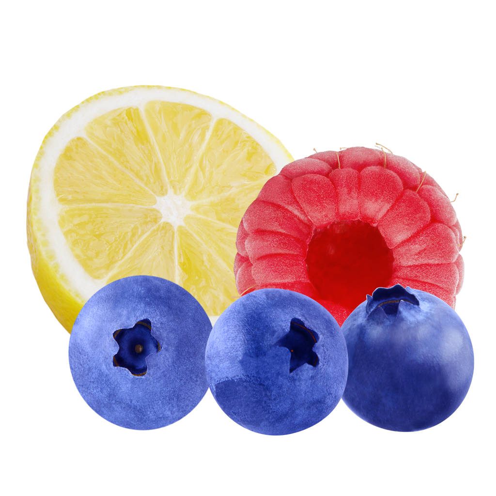 分離の新鮮なレモン、bluebarry、クリッピング パスと白い背景で raspbarry - 写真・画像