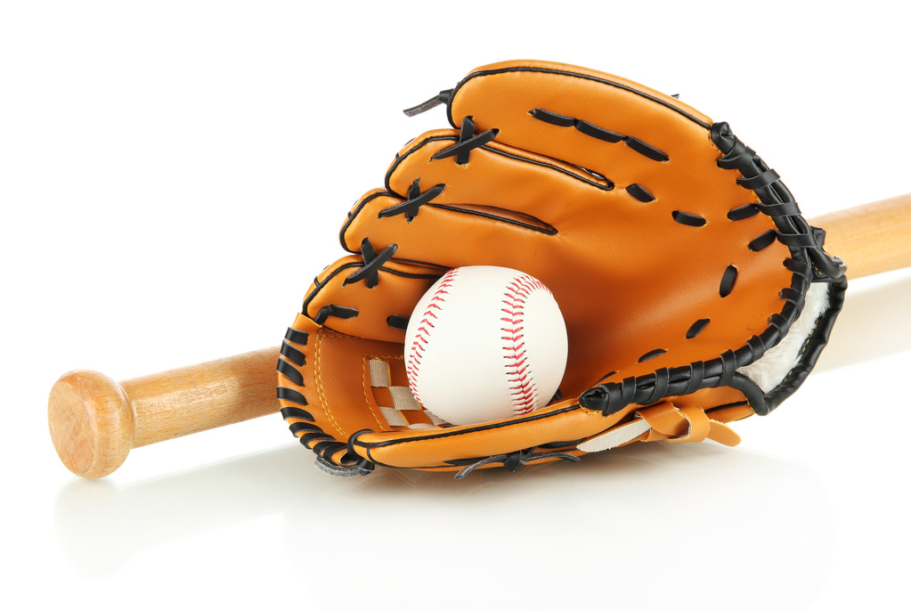 Baseballhandschuh, Schläger und Ball isoliert auf weiß - Foto, Bild