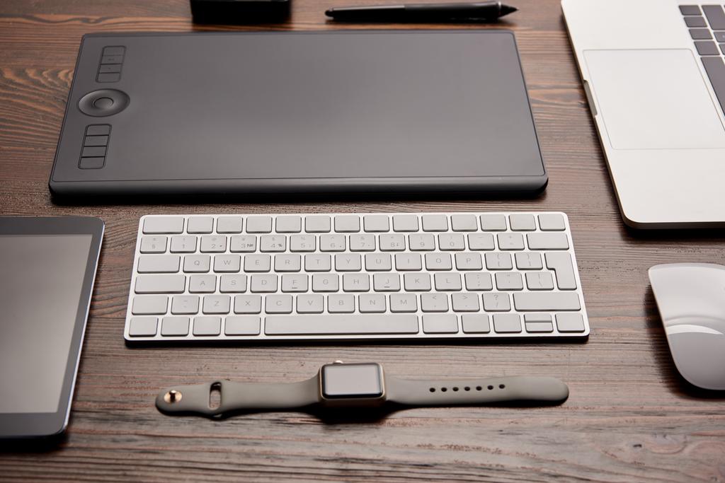 close-up shot of different devices on graphics designer workplace - Photo, Image