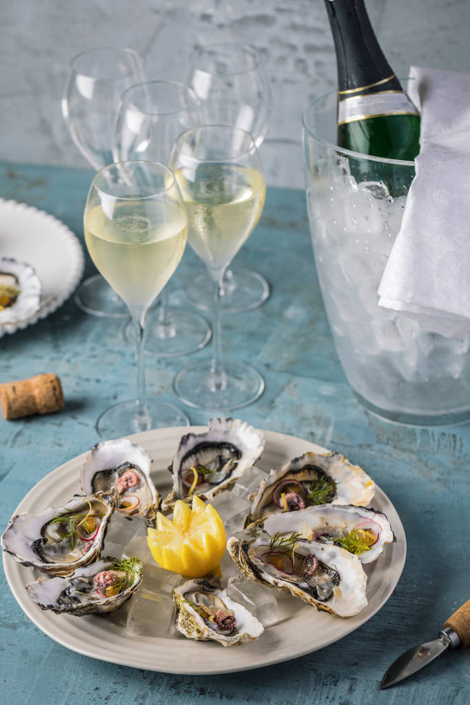 beautiful appetizer oysters and glasses champagne - Photo, Image
