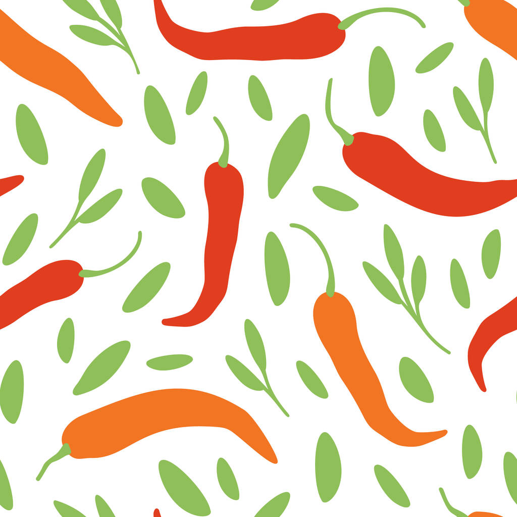 Vector chili, cayennepeper, herbes achtergrond. Mexicaanse exotische pittige naadloze patroon. Hand tekenen voedsel Illustratie omslag, stof, textiel - Vector, afbeelding