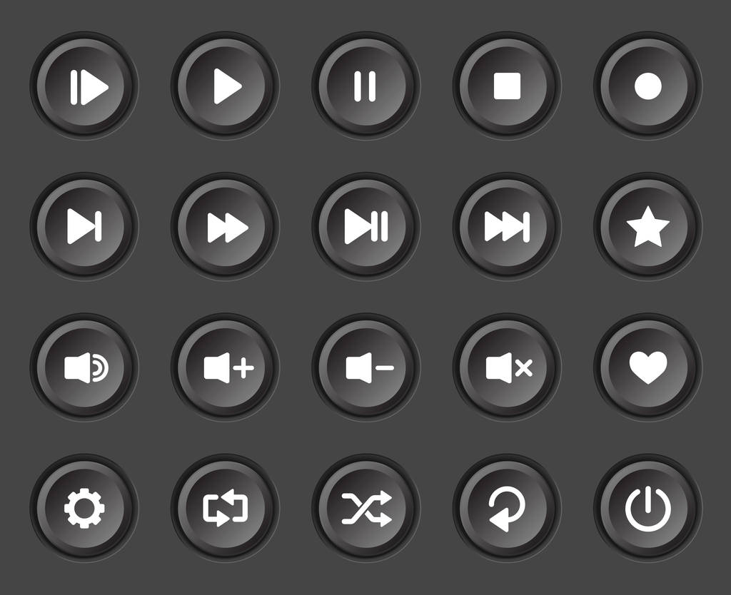 Player navigation buttons set. Black plastic control panel. - Vector, Image