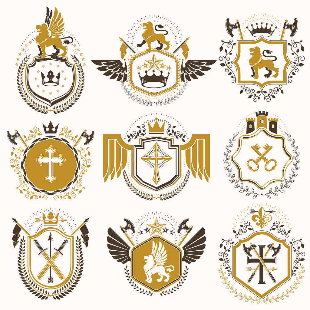 Zestaw elementów wektorowych vintage, etykiety heraldry stylizowane w stylu retro. Kolekcja ilustracji symbolicznych składająca się ze średniowiecznych twierdz, koron monarchy, krzyży i zbrojowni. - Wektor, obraz