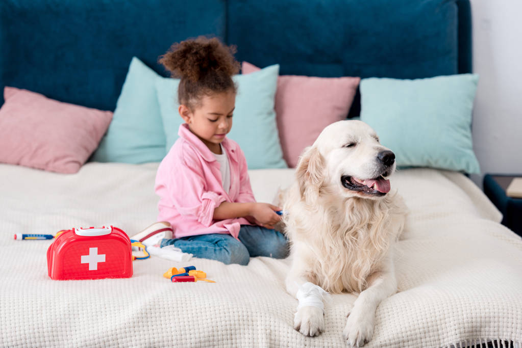 Bonito criança afro-americana sentada na cama com brinquedos perto de seu cão
 - Foto, Imagem