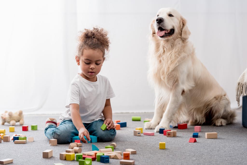 süße afrikanisch-amerikanische Kind spielt mit bunten Spielzeugwürfeln und glücklichen Hund  - Foto, Bild