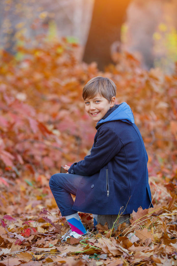 Όμορφο παιδί αγόρι στη φθινοπωρινή φύση - Φωτογραφία, εικόνα