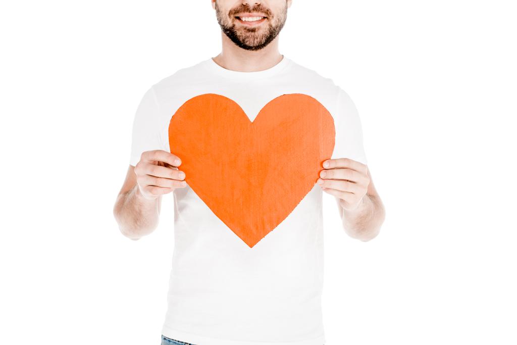 Μερική άποψη του ανθρώπου που κρατώντας πινακίδα αγάπη που απομονώνονται σε λευκό - Φωτογραφία, εικόνα