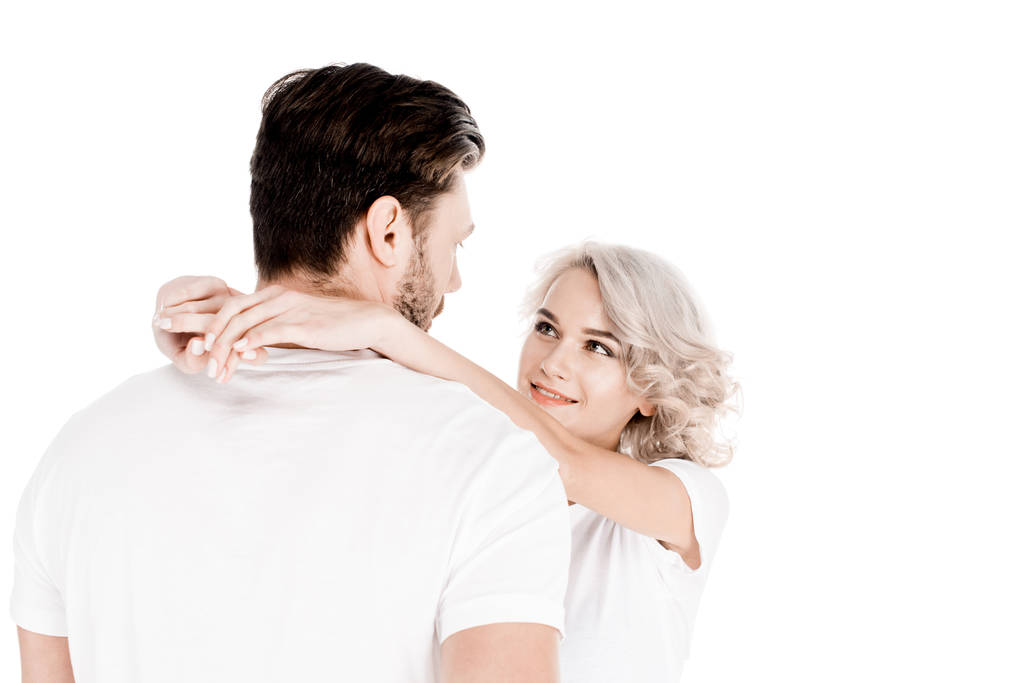Atraente casal maravilhoso abraço isolado no branco
 - Foto, Imagem