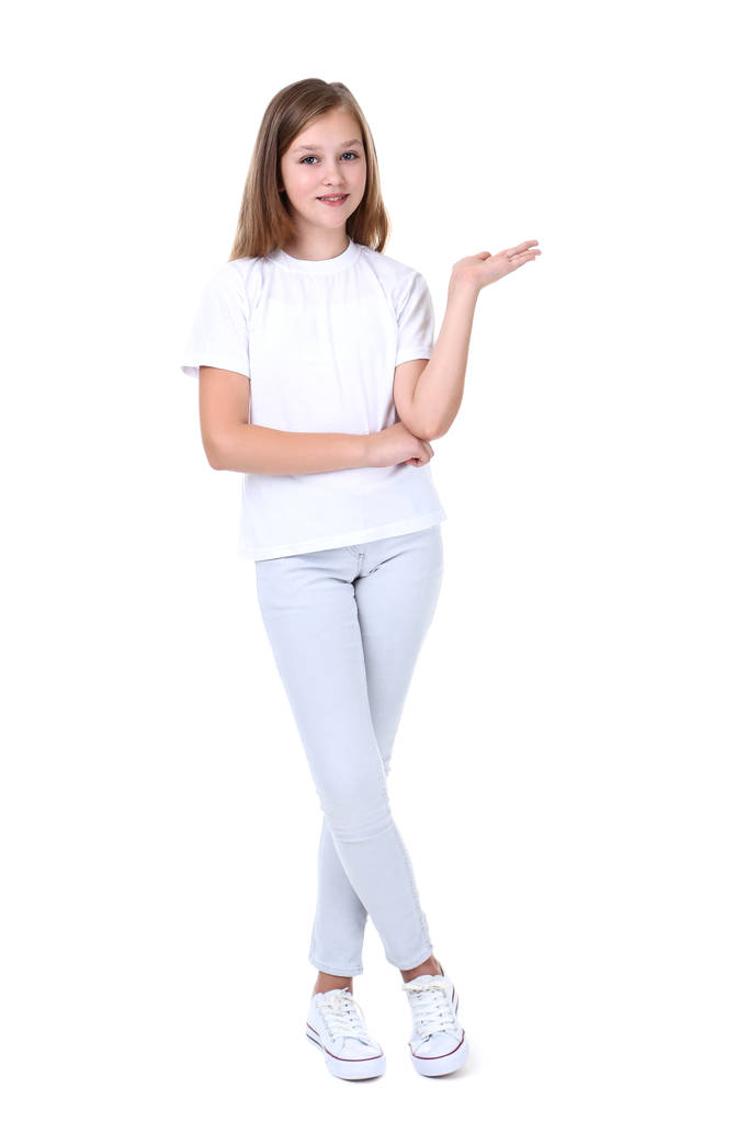 Χαριτωμένο νεαρή κοπέλα σε λευκό φόντο - Φωτογραφία, εικόνα