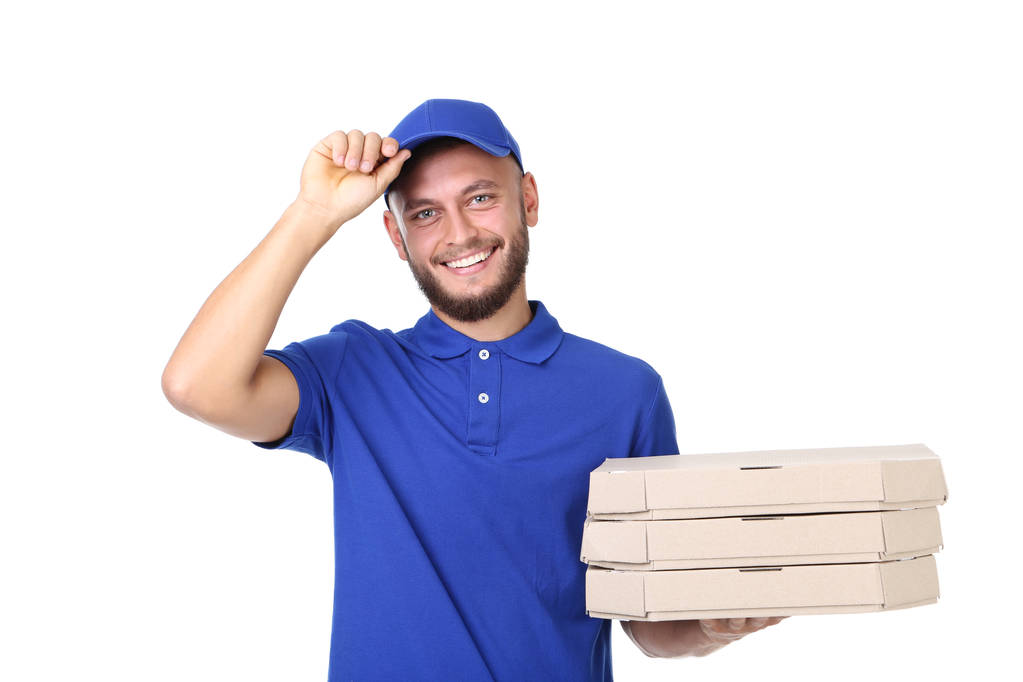 Livreur avec pizza dans des boîtes en carton isolées sur fond blanc
 - Photo, image