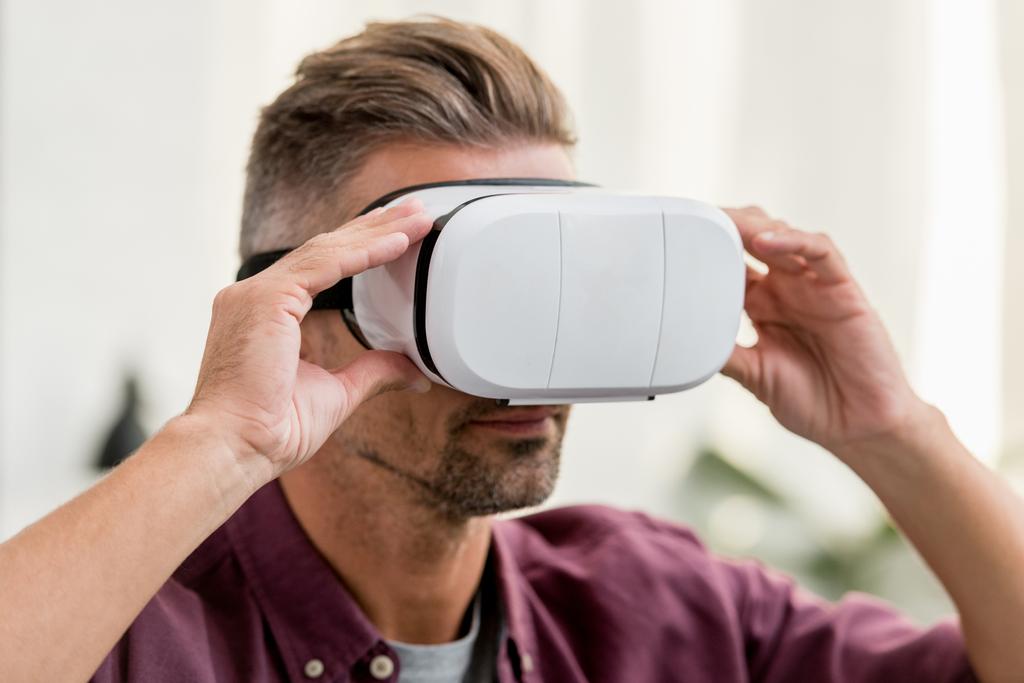 close up view of man touching virtual reality headset - Photo, Image