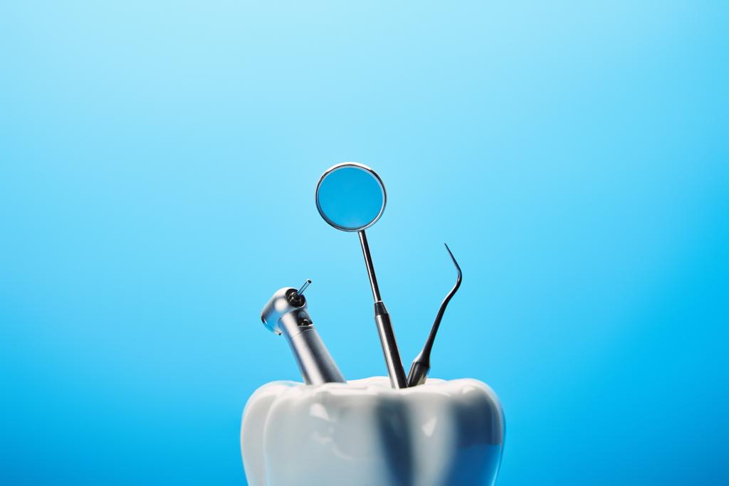 vista ravvicinata del modello di dente bianco e degli strumenti dentali in acciaio inox su sfondo blu
 - Foto, immagini