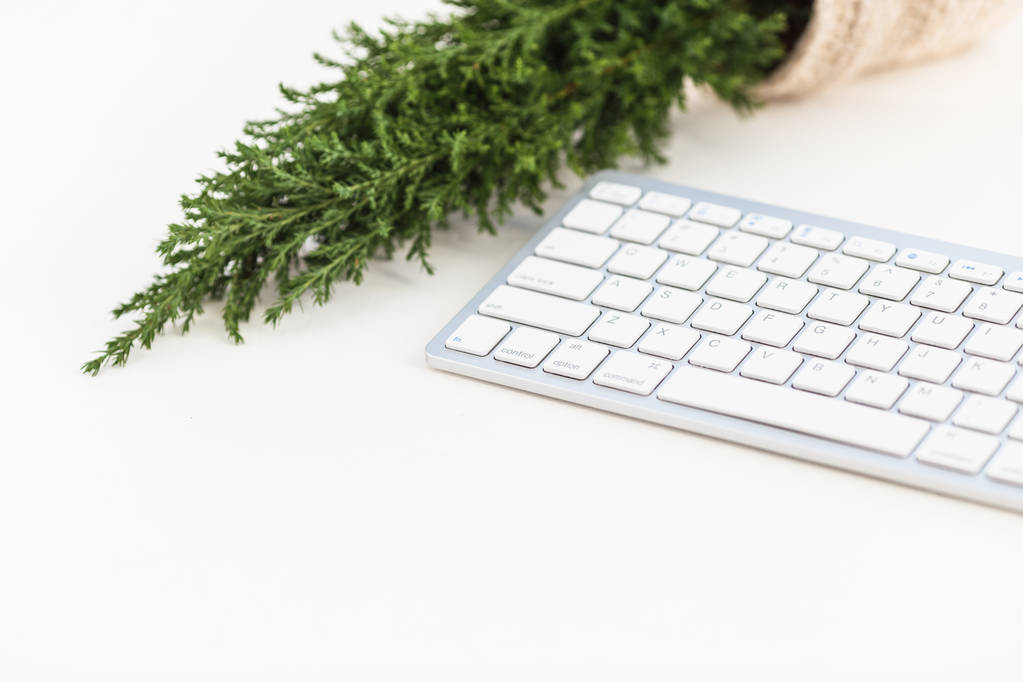 weiße Tastatur und kleiner Weihnachtsbaum auf weißem Hintergrund. Vorlage zum Bloggen - Foto, Bild