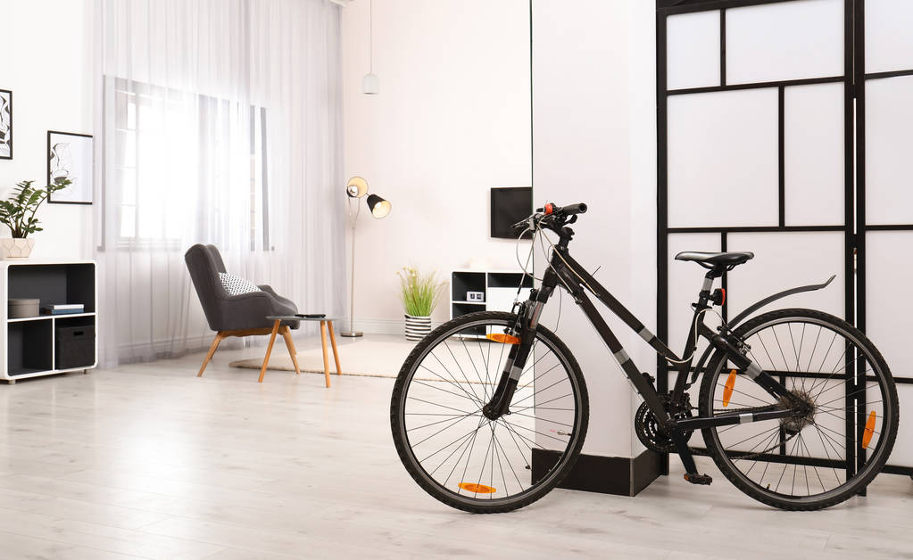 Lichte woonkamer interieur met moderne fiets - Foto, afbeelding