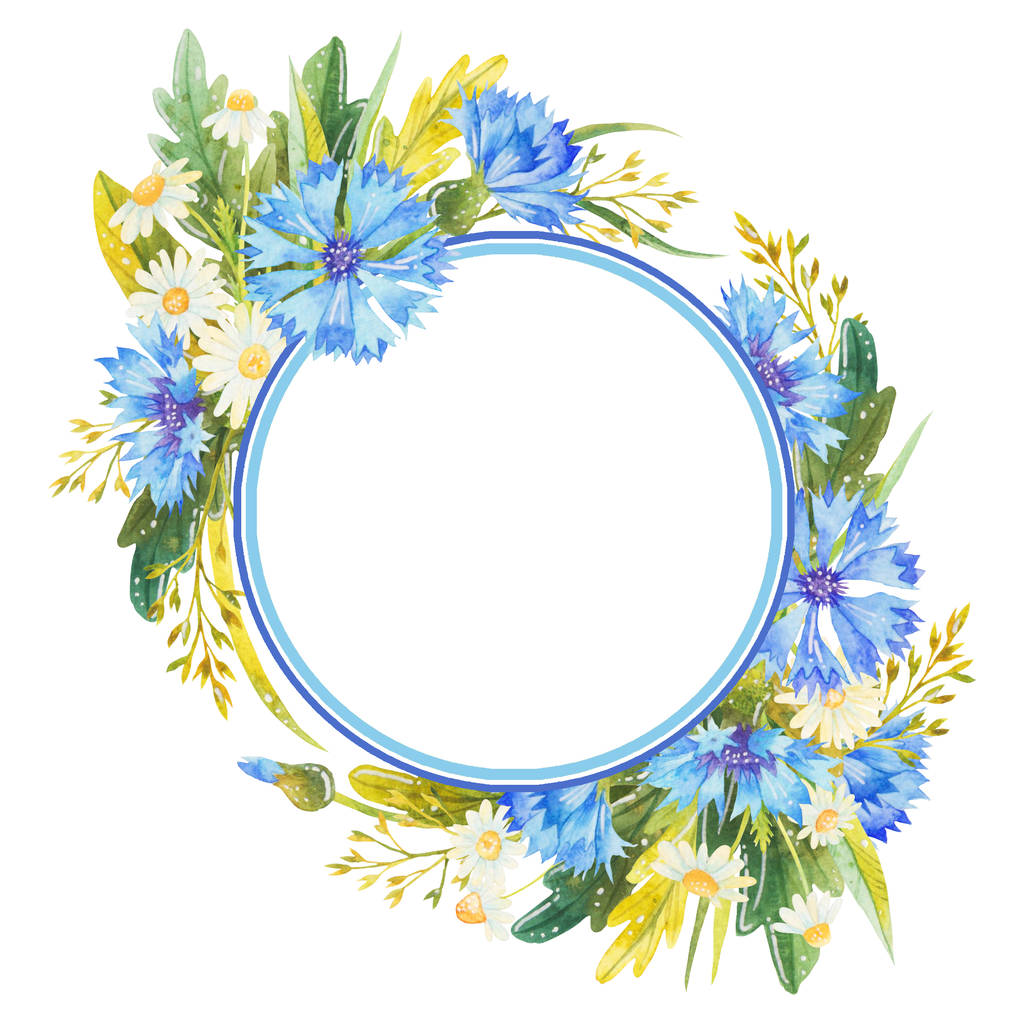 Flower frame in watercolor style. Beautiful watercolor frame with cornflowers, daisies and wild herbs. Flower composition for greeting cards, invitations and other printed materials. - Photo, Image
