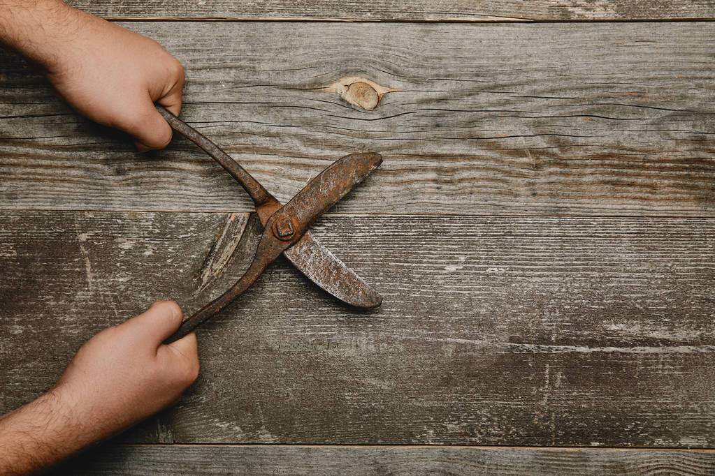 Částečný pohled pracovník podniku vintage rezavý tesařství nůžky na dřevěné pozadí - Fotografie, Obrázek
