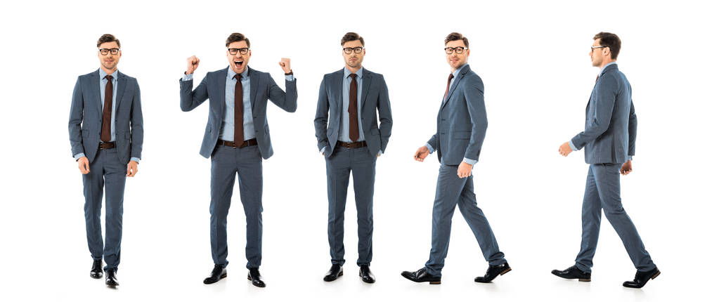 colagem de empresário bonito em terno andando e de pé com diferentes emoções isoladas no branco
 - Foto, Imagem