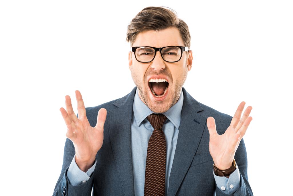 close up of aggressive boss in glasses and suit screaming isolated on white - Photo, Image