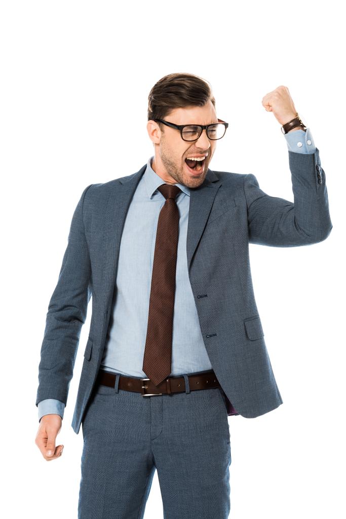 homme d'affaires heureux dans des lunettes se réjouissant et gesticulant isolé sur blanc
 - Photo, image