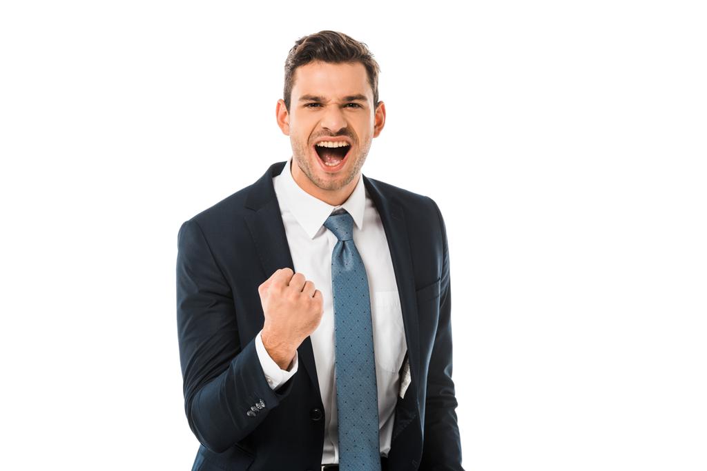 дорослий щасливий бізнесмен кричить і радіє ізольовано на білому
 - Фото, зображення