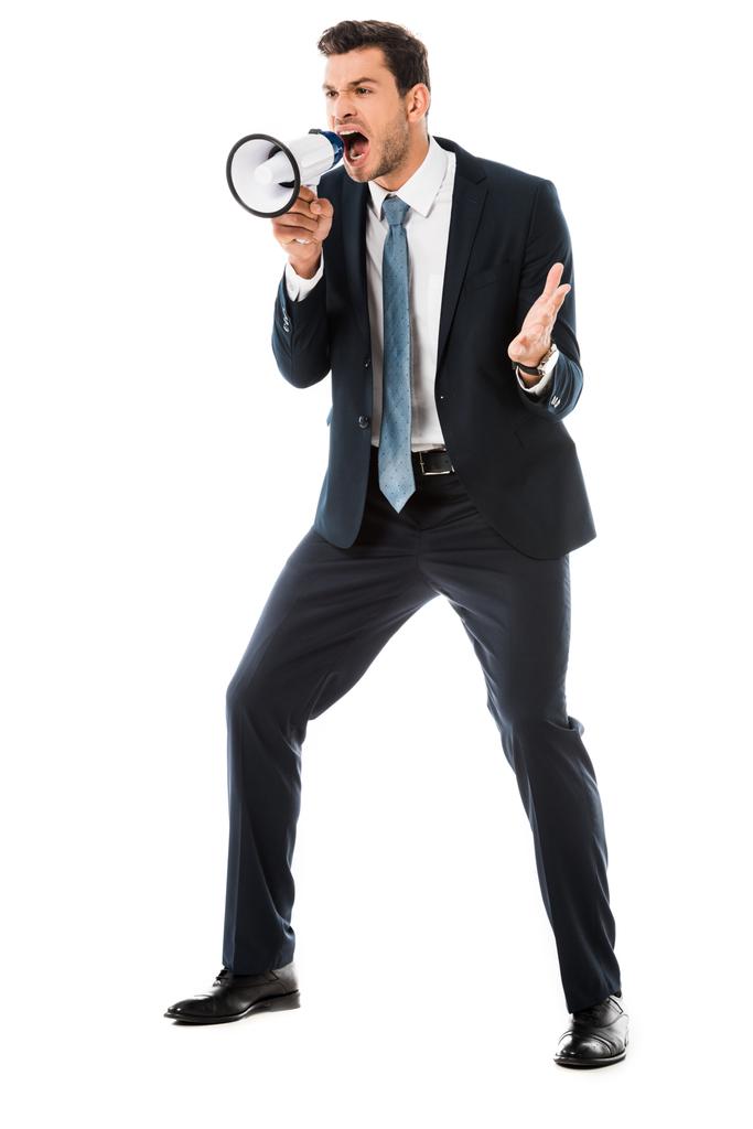 сердитий бізнесмен кричить на гучномовці ізольовано на білому
 - Фото, зображення