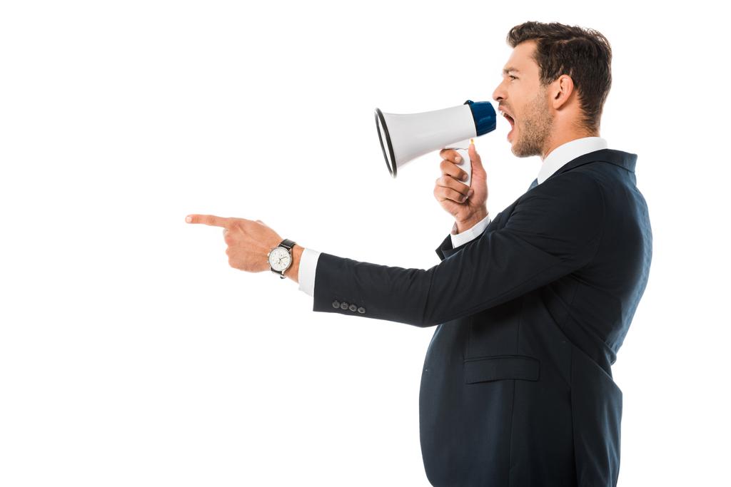 angry businessman shouting at megaphone isolated on white - Photo, Image