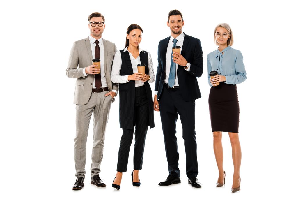 smiling businesspeople having coffee break together isolated on white - Photo, Image
