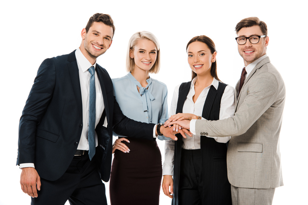 sonriente exitoso equipo de negocios poniendo las manos juntas aisladas en blanco
  - Foto, imagen