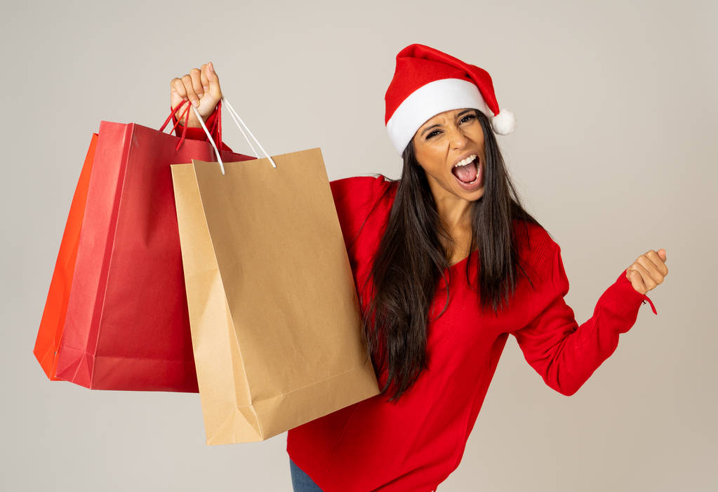 Fiatal nő készen áll a karácsony, könyv bevásárló táskák, a piros és a Santa claus kalap elszigetelt szürke háttér, hogy készen áll a karácsonyi bevásárló ajándékok ünnepe fogyasztói és értékesítési koncepció. - Fotó, kép