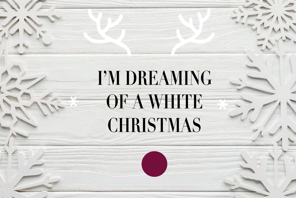 düz lay "Im beyaz bir Noel rüya" ilham Beyaz ahşap zemin üzerine dekoratif kar taneleri ile - Fotoğraf, Görsel