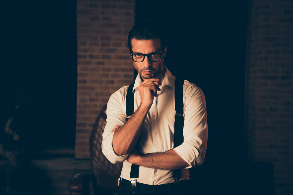 Portrait of attractive handsome stubble man in elegant shirt sus - Photo, Image