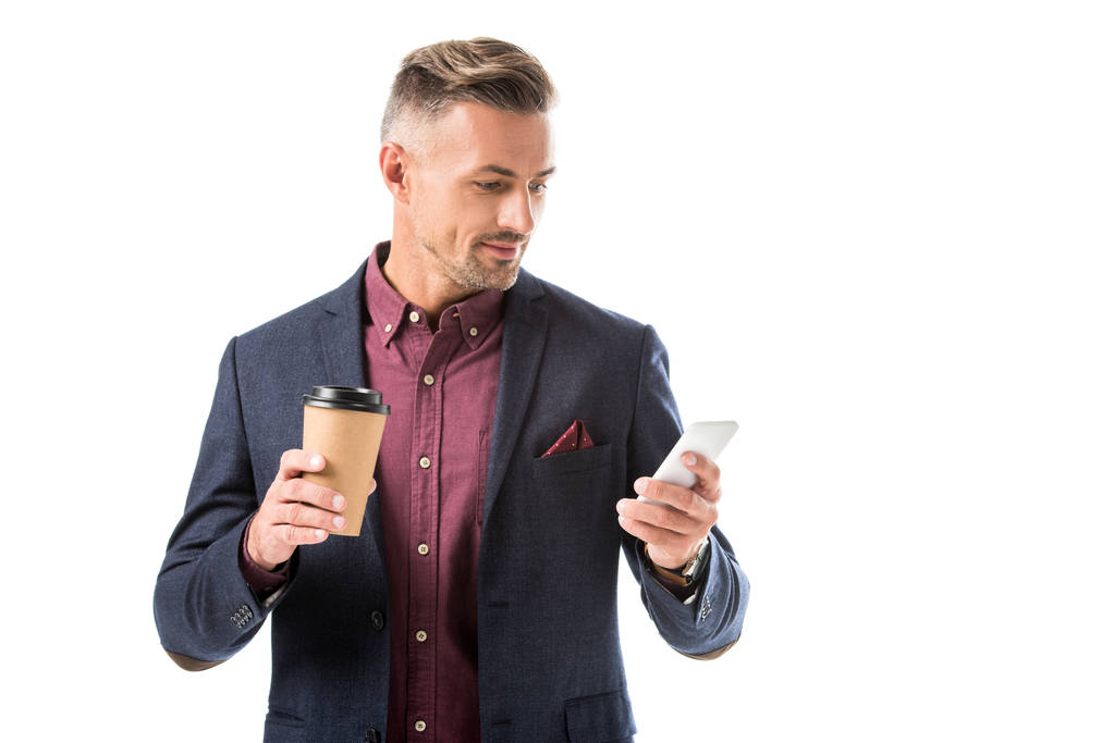 handsome stylish man with coffee cup using smartphone isolated on white - Photo, Image