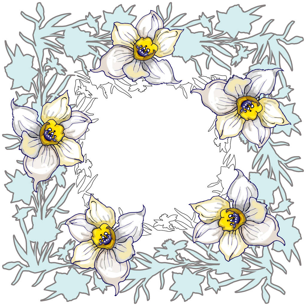 Marco redondo floral de primavera con flores dibujadas a mano narcisos
 - Vector, Imagen