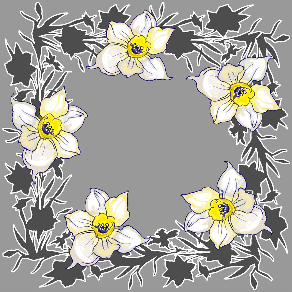 Ornamental lloral round frame with hand drawn flowers daffodils - Vector, Image