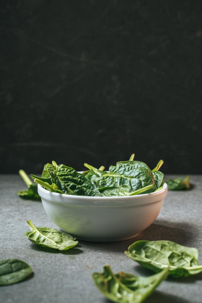 white bowl with green organic spinach with copy space - Photo, Image